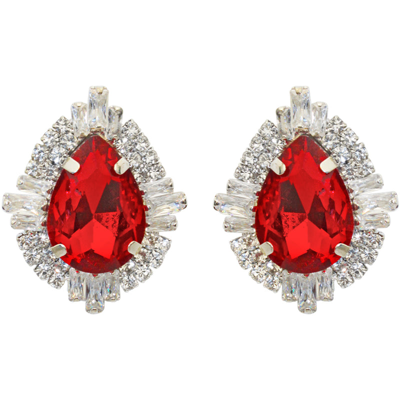 Divine CZ Teardrop Pierced Earrings (Sterling Silvertone/Ruby)