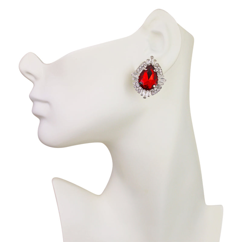 Divine CZ Teardrop Pierced Earrings (Sterling Silvertone/Ruby)