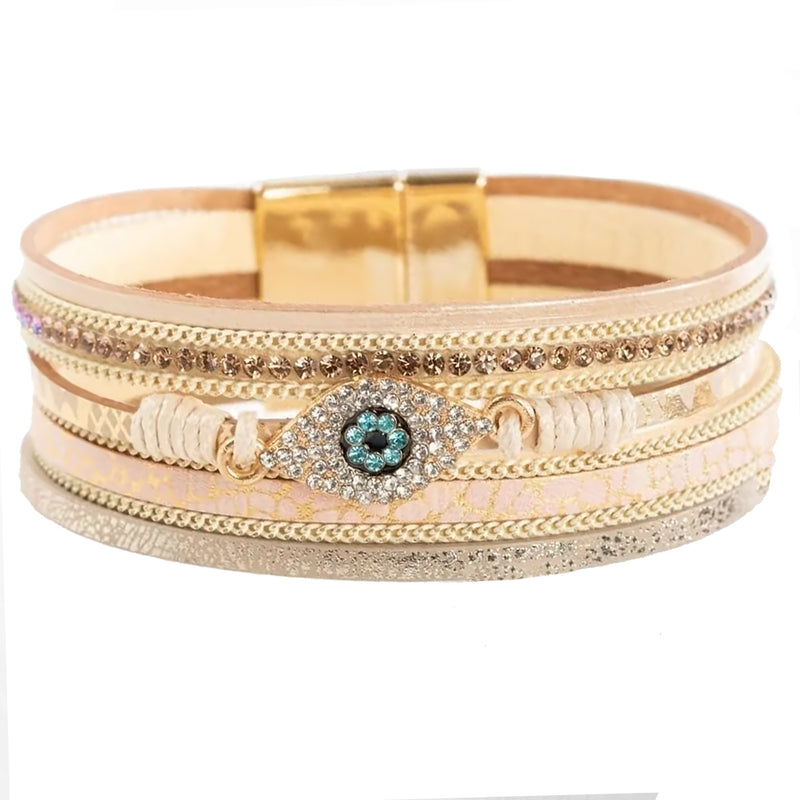 Angel Eye Metallic Leather Magnetic Bracelet (Goldtone/Beige)