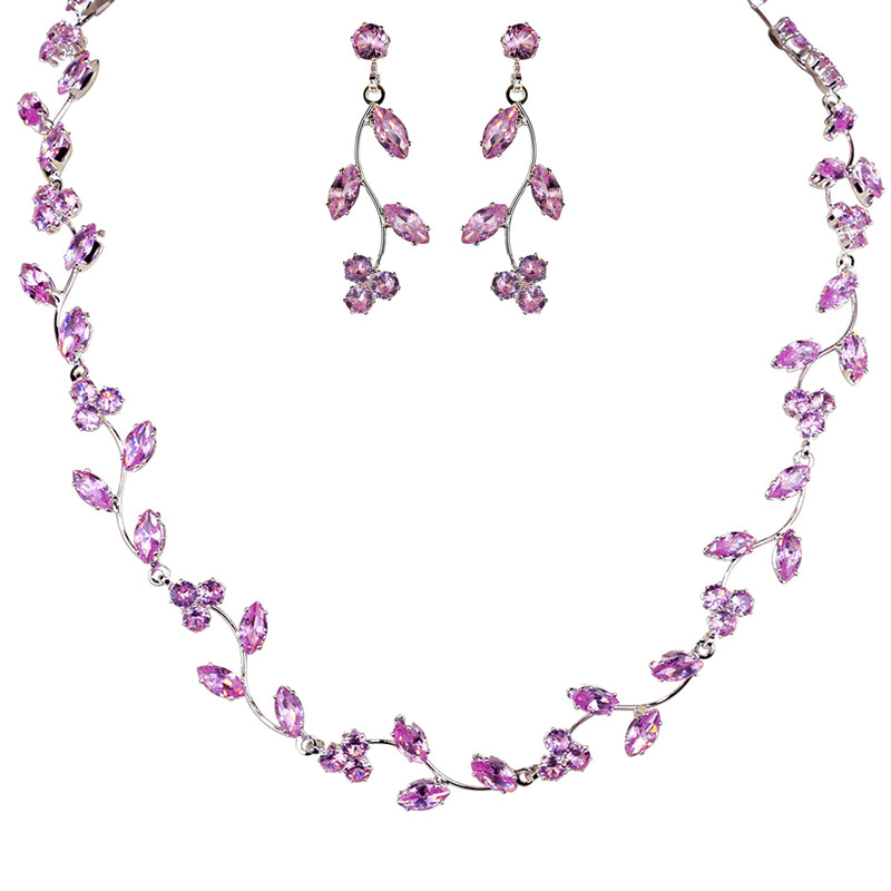 Fairy Vines Crystal CZ Necklace & Earrings Set (Silvertone/Pink)