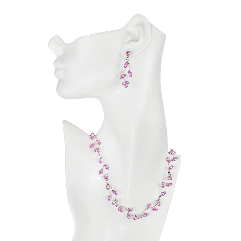 Fairy Vines Crystal CZ Necklace & Earrings Set (Silvertone/Pink)