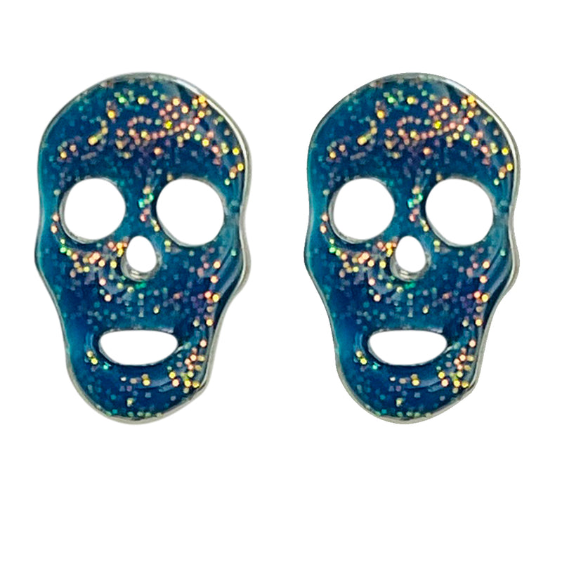 "One Of A Kind" Sparkle Skull Pierced Earrings (Silvertone/Blue)