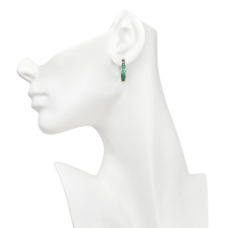 Magic Memories Tapered Baguette CZ Hoop Pierced Earrings (Silvertone/Emerald)