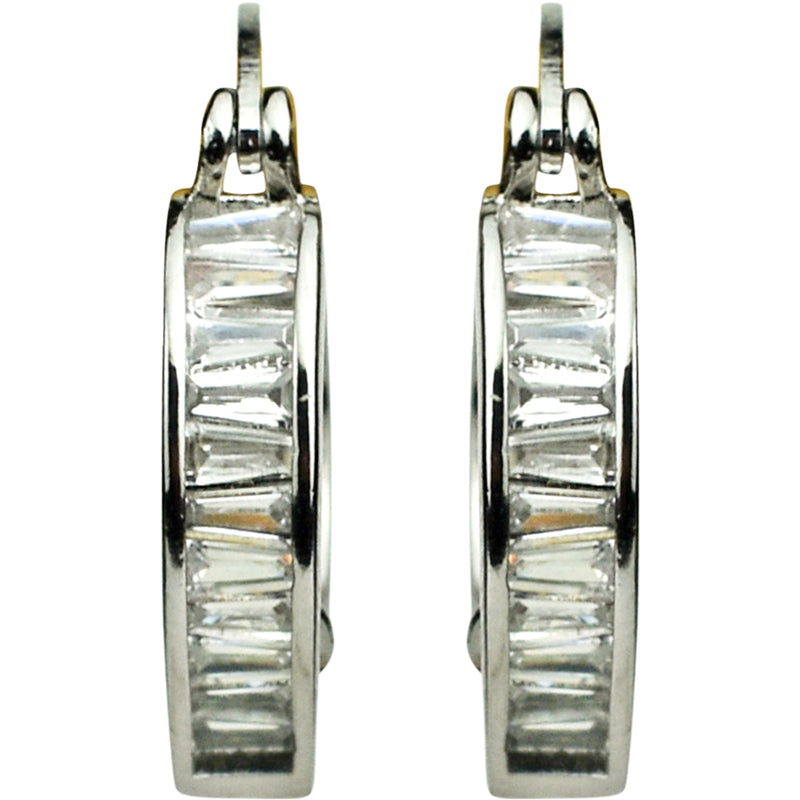 Magic Memories Tapered Baguette CZ Hoop Pierced Earrings (Silvertone/Icy Clear Crystal)