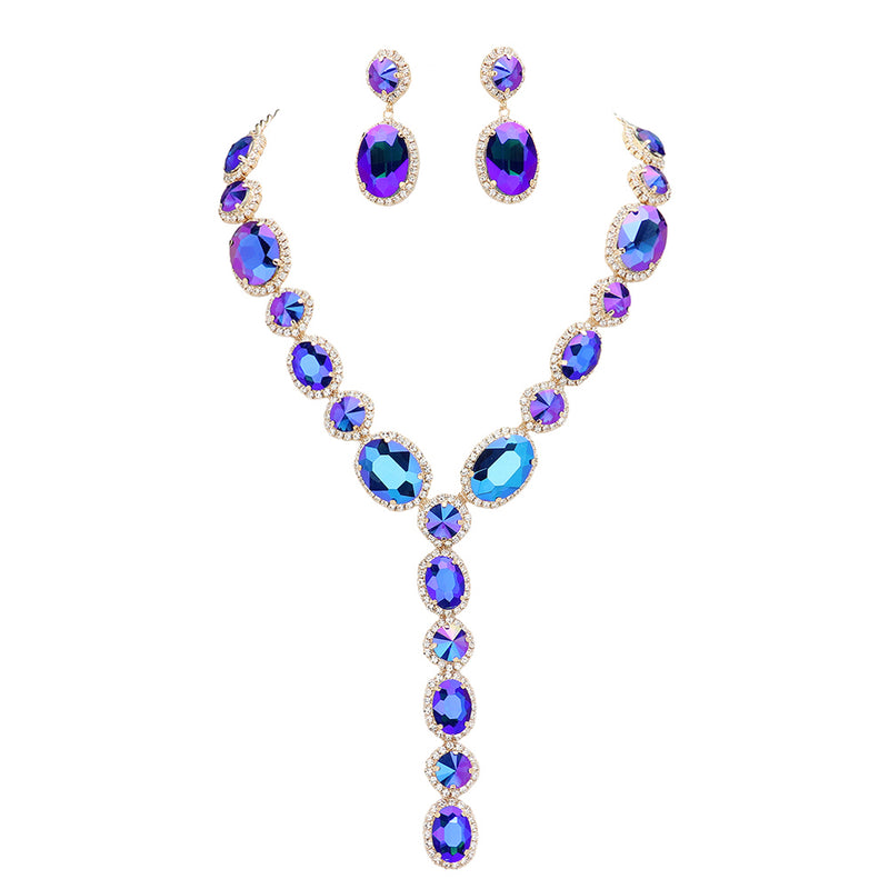 Glamour Queen Necklace & Pierced Earrings Set (Goldtone/Blue Sphinx)