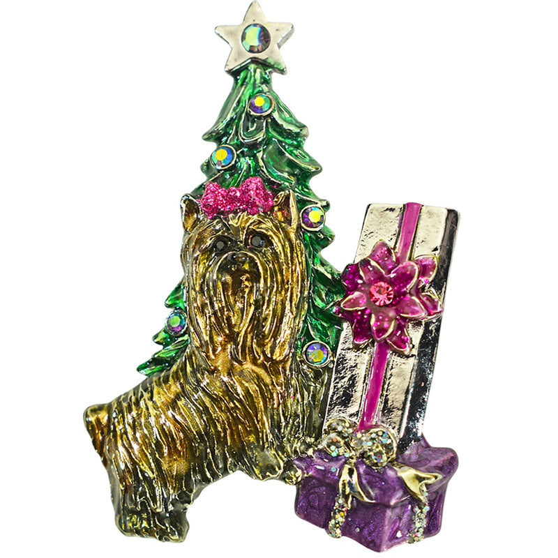 Yorkie Christmas Surprise Pin Pendant (Silvertone)