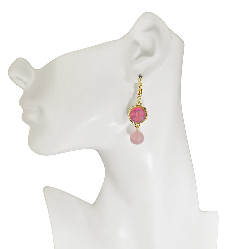 Glass Seaview Moon Rose Quartz Leverback Earrings (Goldtone/Volcano)