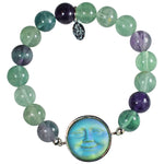 Glass Seaview Moon Fluorite 10mm Stretch Bracelet (Sterling Silvertone/Erinite AB)