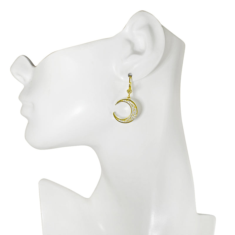 Crescent Moon CZ Leverback Earrings (Goldtone)