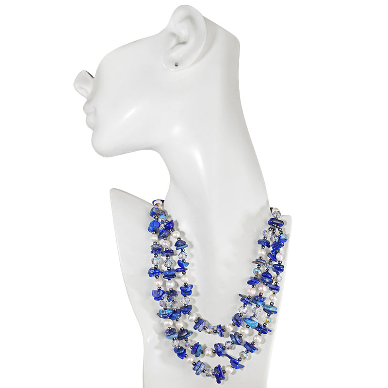 Divine Precious Trio Lapis Lazuli & Pearl Necklace (.925 Sterling Silver/Lapis Lazuli)