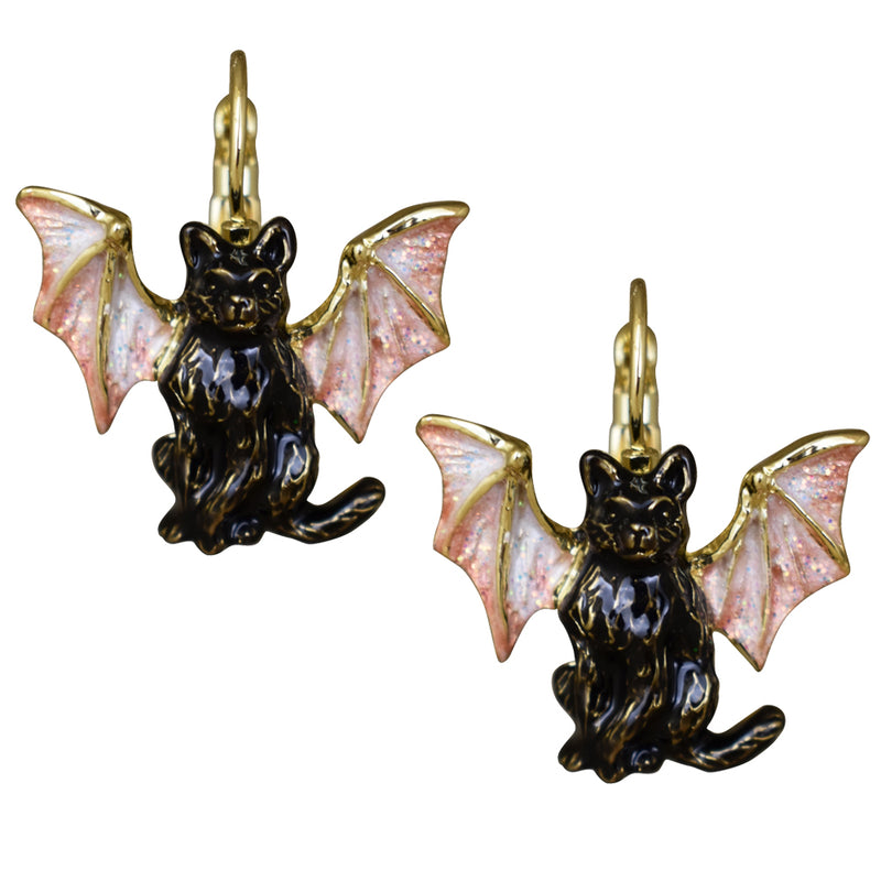 Sabrina Bat Cat Leverback Earrings (Goldtone)