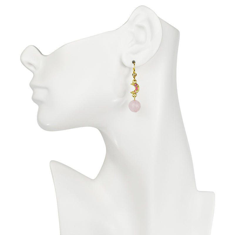 Precious Rose Quartz Moon Leverback Earrings (Goldtone/Rose Quartz)